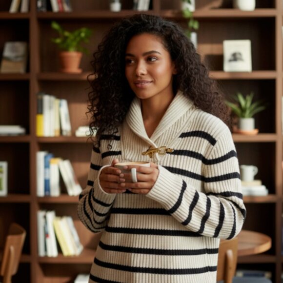 Ralph Lauren Sweaters - Ralph Lauren Cream and Black Striped Shawl Collar Sweater